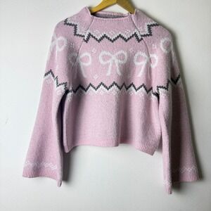 No Boundaries Pink Bow Sweater L Cottagecore Kawaii Winter Knit